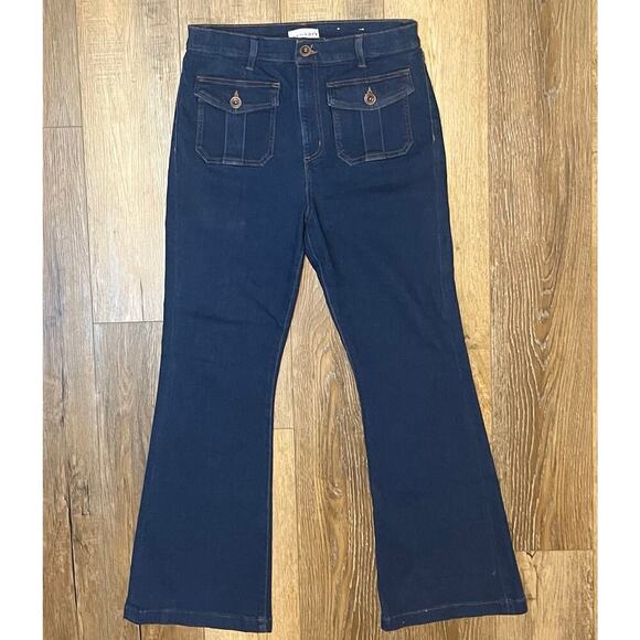 Loft The Slim Flare Patch Flap Pocket Jeans 12x31 NWOT Dark Wash Boho Hippie - Picture 3 of 10